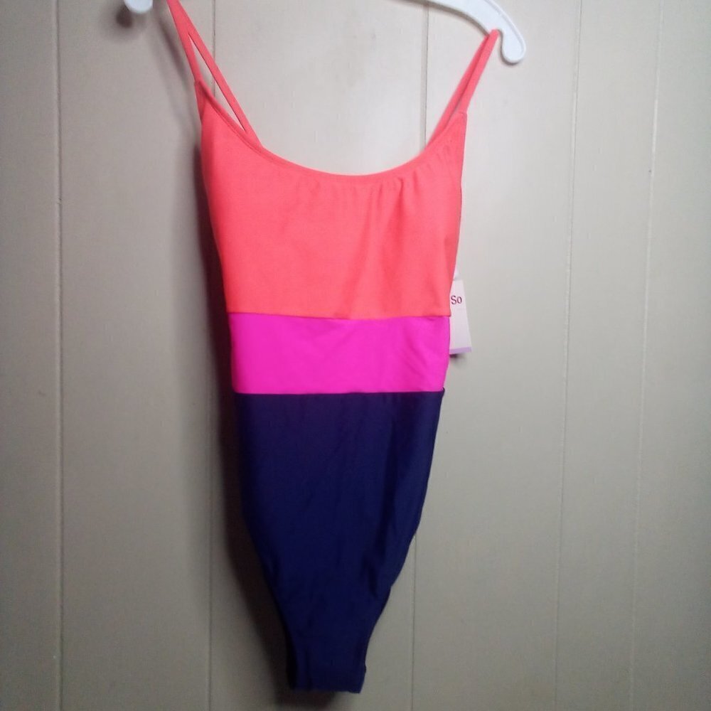SO One Piece Swimsuit XL 15-17 Crossback Colorblock Navy Red Pink